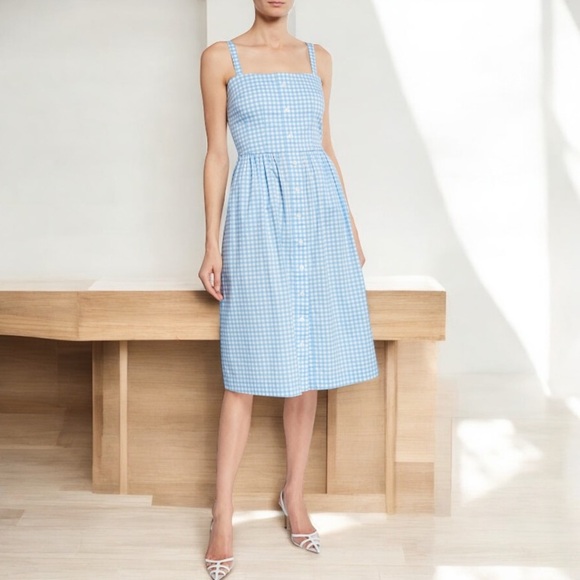 HVN- Laura Gongham Cotton Midi Blue White Dress